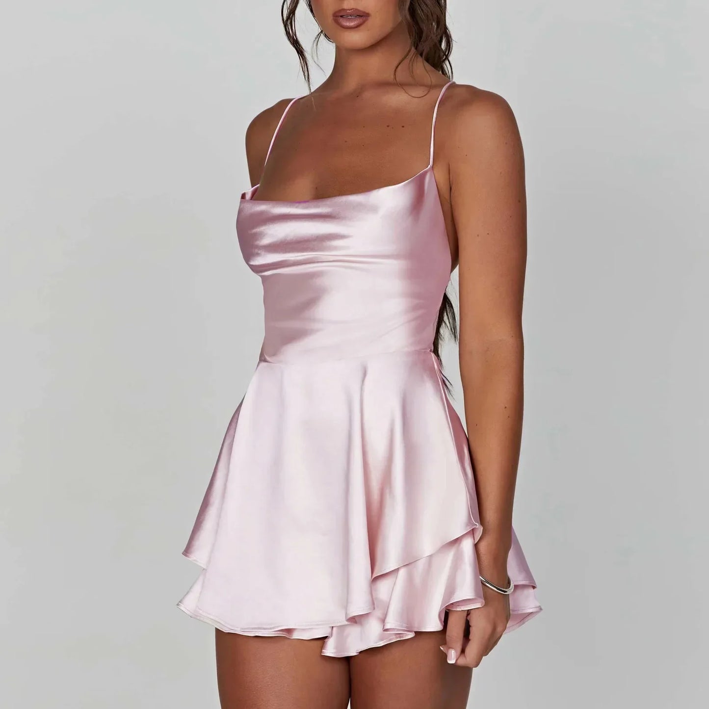 Satin Silk Women Sexy Cami Playsuits Dress Solid Cowl Neck Sleeveless Short Jumpsuits Summer Cross Tie-Up Backless Romper - Empire P.E