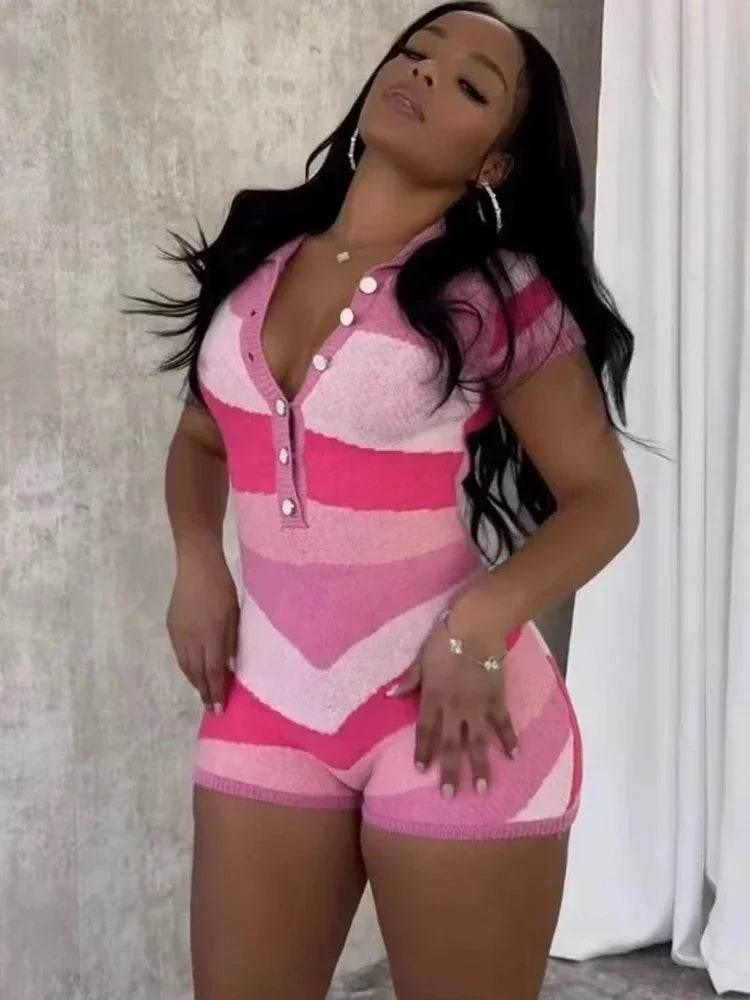 Laxsesu Irregular Contrast Romper Women Knit Stretch Polo Neck Single-Breasted Shorts Sleeve Skinny Slim Playsuits Streetwear - Empire P.E