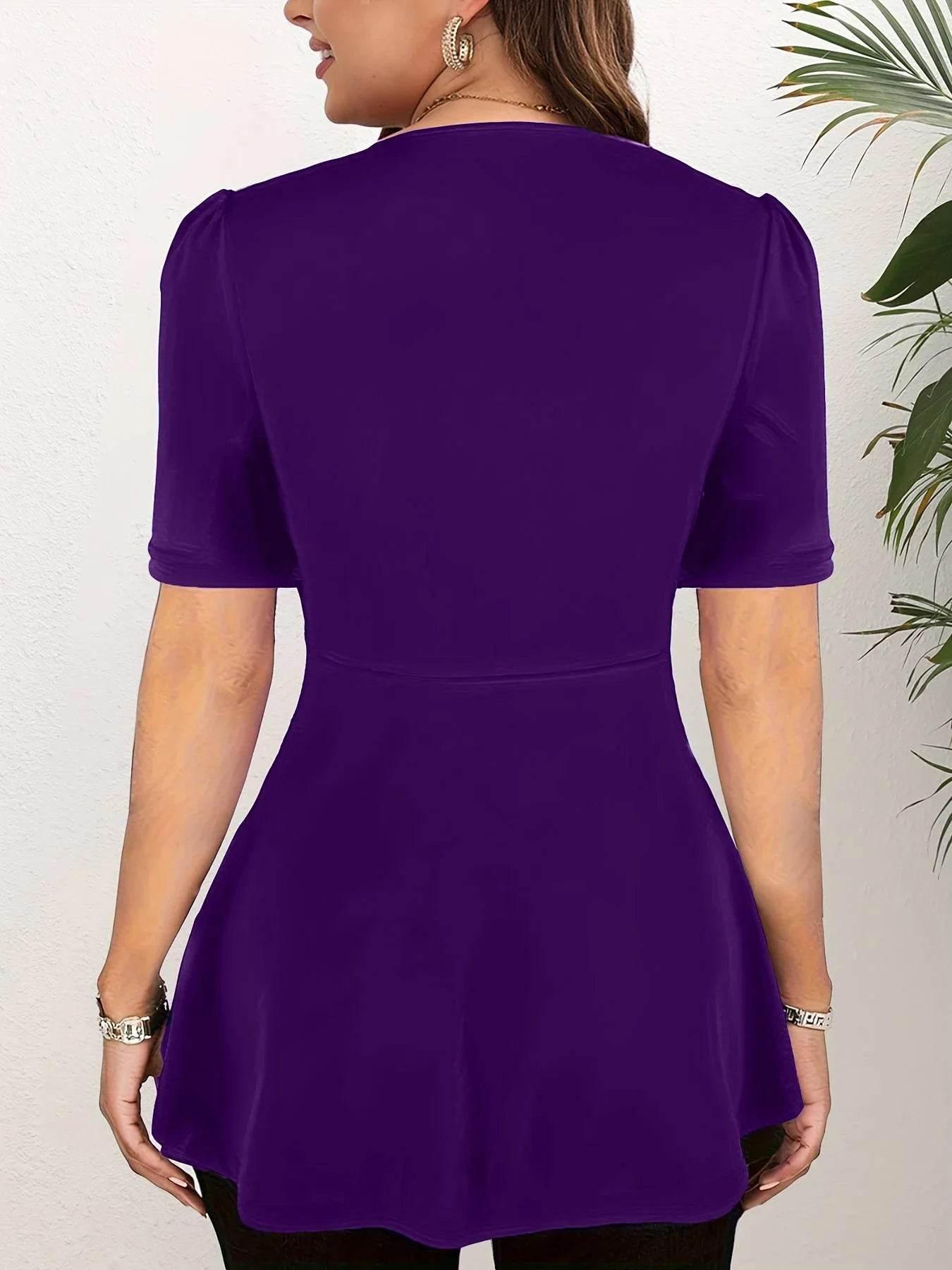 Fashion Women Plus Size Elegant Short Sleeve T shirt V-Neck Ruched Sexy Office Lady Casual Slim Summer Casual Fashion Tee Tops - Empire P.E