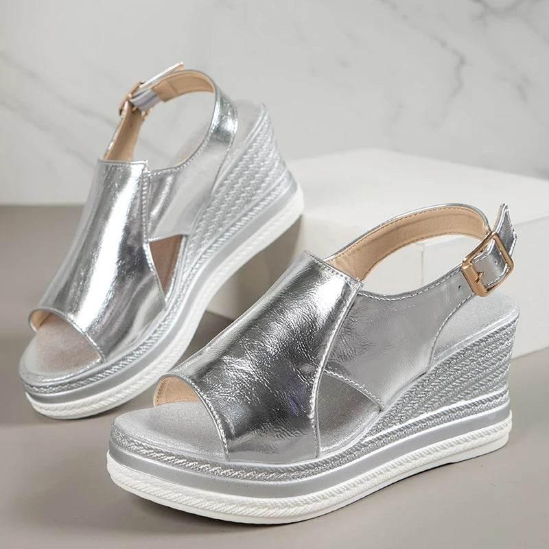 2024 Summer Peep Toe Platform Sandles Woman Plus Size Thick Sole Sandalias Mujer Gold Silver PU Leather Wedge Sandals for Women - Empire P.E