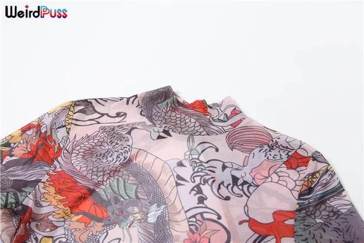 Weird Puss See Through Jumpsuit Women Backless Dragon Print Short Sleeve Fitness Activity Workout Overalls Slim Stretch Clubwear - Empire P.E