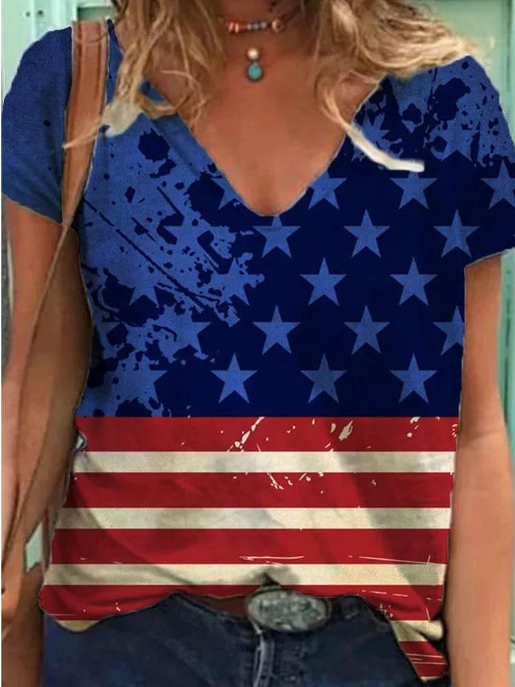 Fashion Women's T Shirt USA Flag Print Harajuku T-shirt Summer 2023 Top Kawaii Tees V Neck Pluse Size American Lady Y2k Clothing - Empire P.E