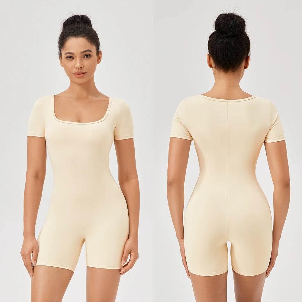 Fashion Women Yoga Suit Short Sleeve Gym Sports Jumpsuit Solid Color Workout Yoga Bodysuit Square Neck Yoga Set Sportswear - Empire P.E