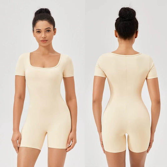 Fashion Women Yoga Suit Short Sleeve Gym Sports Jumpsuit Solid Color Workout Yoga Bodysuit Square Neck Yoga Set Sportswear - Empire P.E