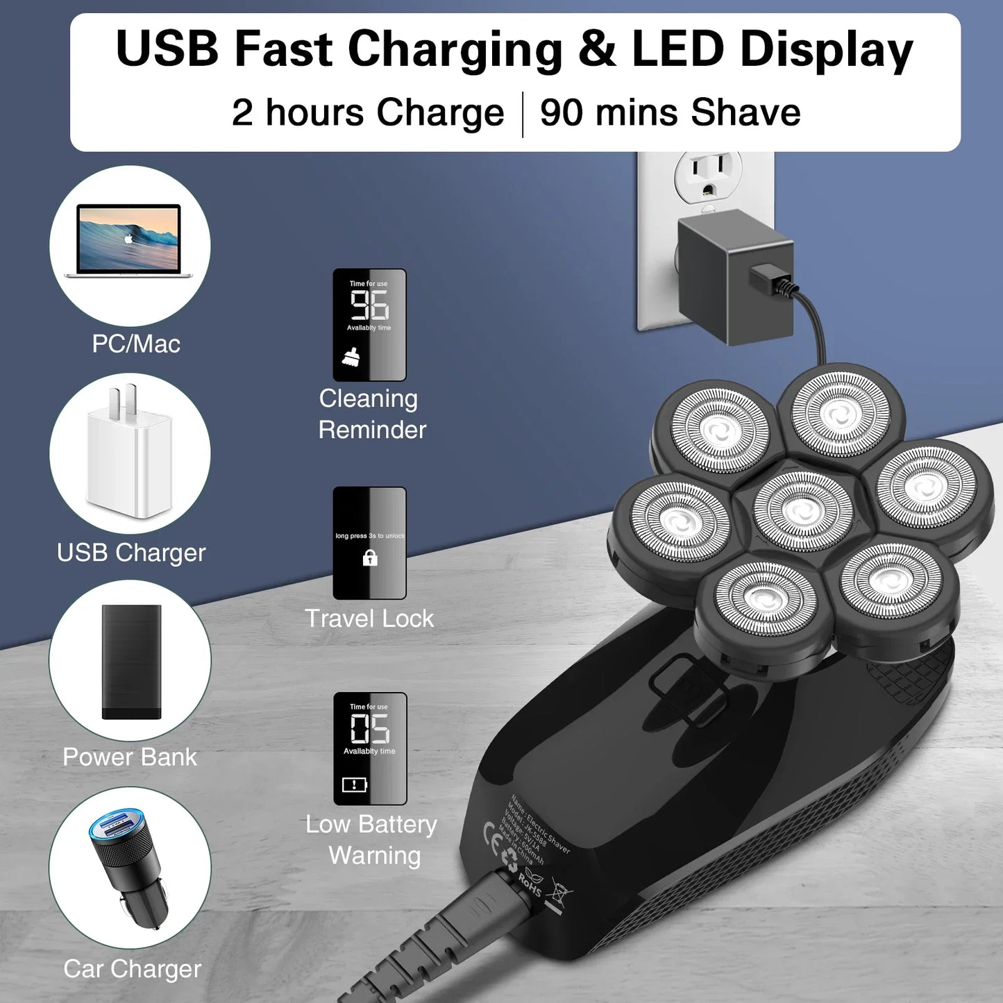 Kensen 5 In 1 Electric Shaver 7D Floating Cutter Head Rechargeable Shaver Kit For Men IPX6 Waterproof Beard Trimmer head shavers - Empire P.E