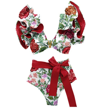 Two-Pieces Women Floral 2025 Push-Up Padded Bra Ruffles Bandage Bikini Set