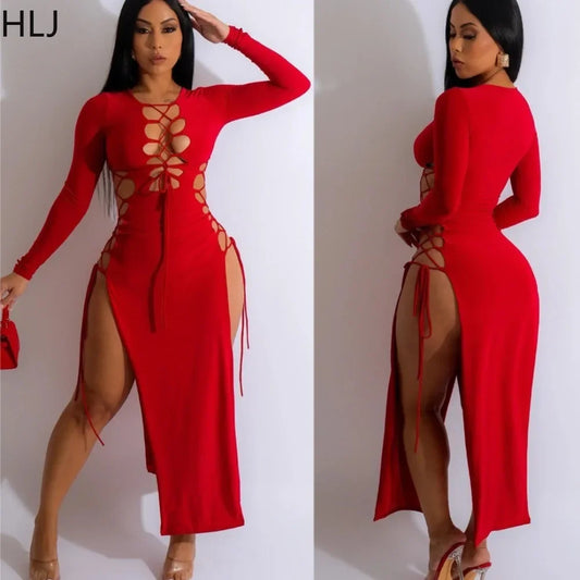 HLJ Sexy Solid Hollow Out Bandage Slit Bodycon Mid Dresses