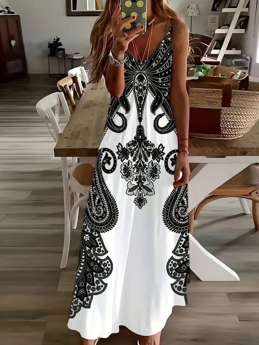 2024 Cross border New Flower Printed V-neck Strap Dress - Empire P.E