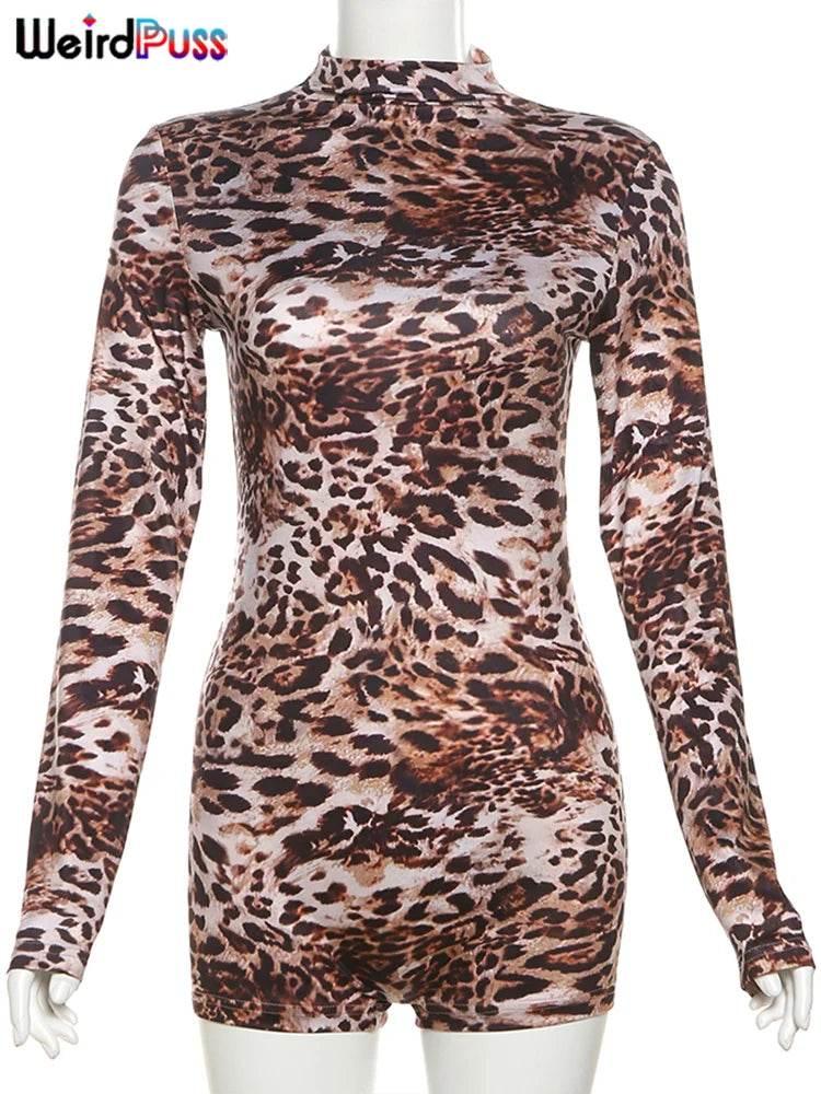 Weird Puss Leopard Print Romper Women 2024 Autumn Trend Hipster Long Sleeve O-Neck Skinny Stretch Streetwear Sexy Playsuits - Empire P.E