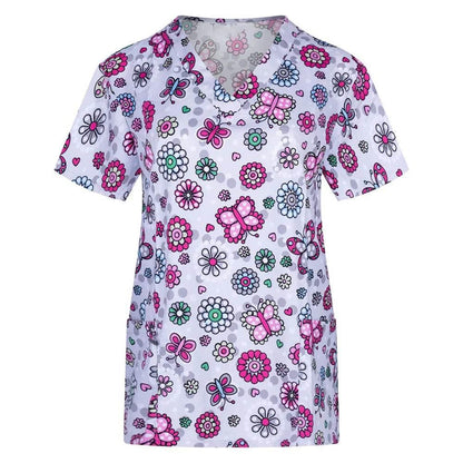 Ladies Nurse Uniform Short Sleeve V-neck Workwear Flower Print Working Uniform - Empire P.E