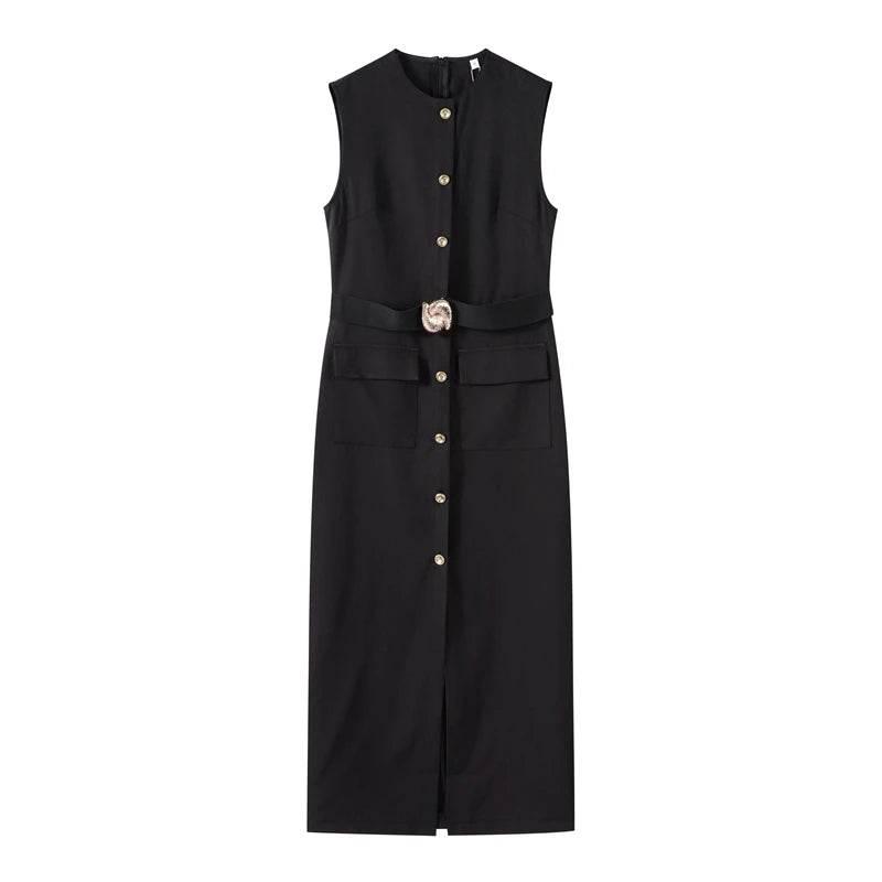 Black Long Dress Women With Belt Elegant Slim Single Breasted Sleeveless Front Split Dresses Female 2025 New Summer Lady Vestido - Empire P.E