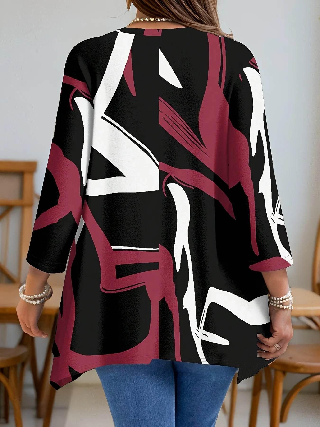 Plus Size Long Sleeve Abstract Print Tunic Top for Women with Asymmetrical Hemline - Empire P.E