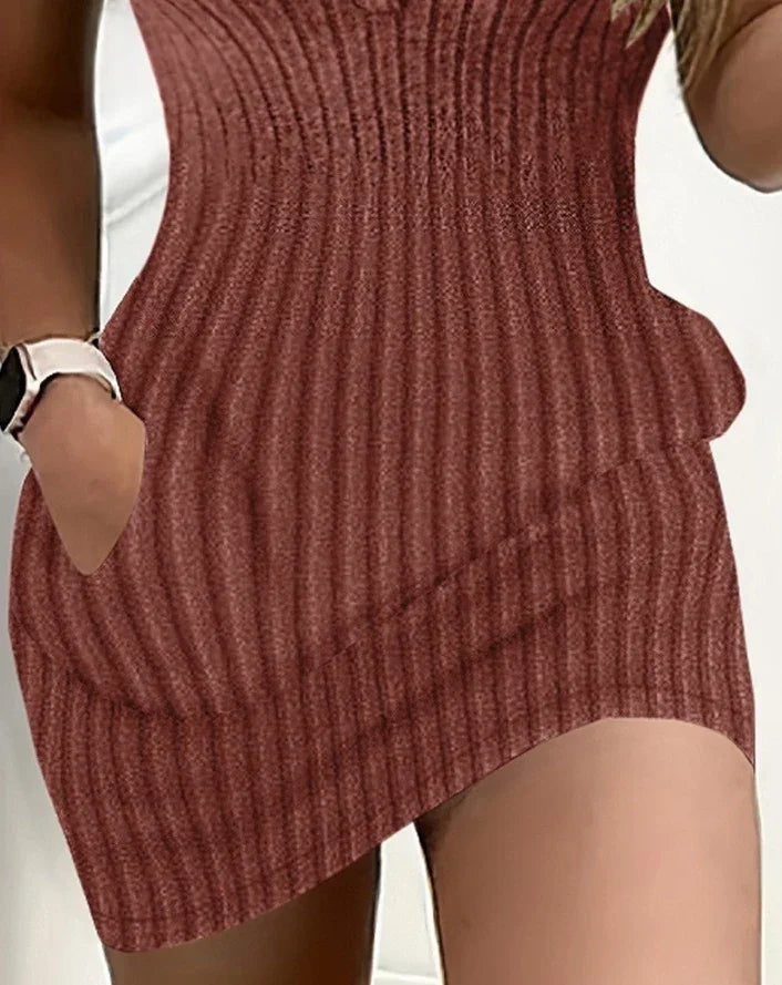 Solid color ribbed pocket design tight fitting dress - Empire P.E