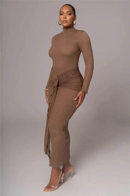 Mozision Elegant Long Sleeve Sexy Maxi Dress For Women Gown Fashion Drape Turtleneck Ruched Bodycon Club Party Long Dress - Empire P.E