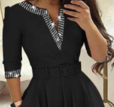 Dress for Women Streetwear 2023 Autumn and Winter Elegant Waist Wrapped Mid Long Sleeve Solid V-Neck Fashion Dresses with Belt - Empire P.E