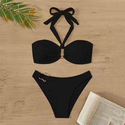 Halter Bandeau Leopard Print Bikinis Sets Woman Metal Ring Swimwear Hollow Out Sexy Swimsuit 2025 Bathing Suit Bikinis De Mujer - Empire P.E