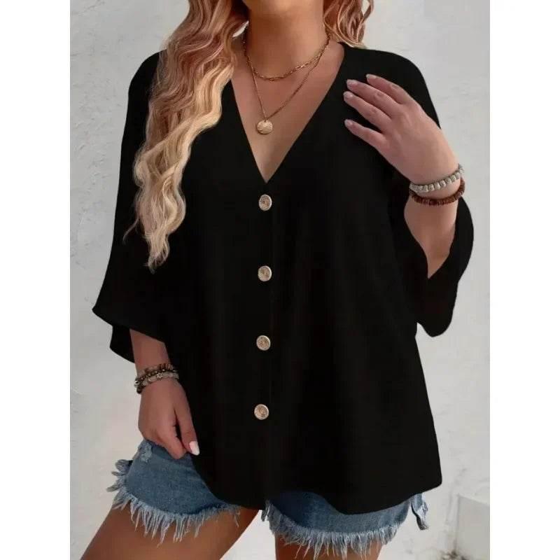 Women's Plus-size T-shirt Solid Color Breathable Spring/summer V-neck Button Travel Casual Wear with European and American Style - Empire P.E