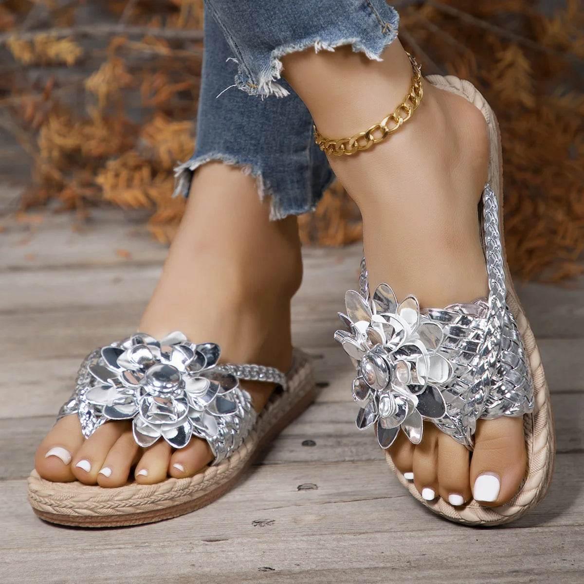 Slippers Women Ombre Floral Pattern Braided Casual Shoes Vacation Flat Holographic Braided Floral Pattern Toe Beach Flip Flops - Empire P.E