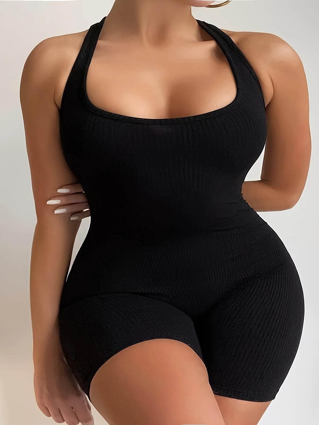 Plus Size Fashion Black Halter Jumpsuit, Women's Solid Color Sexy Body-Con Black Clothes - Empire P.E