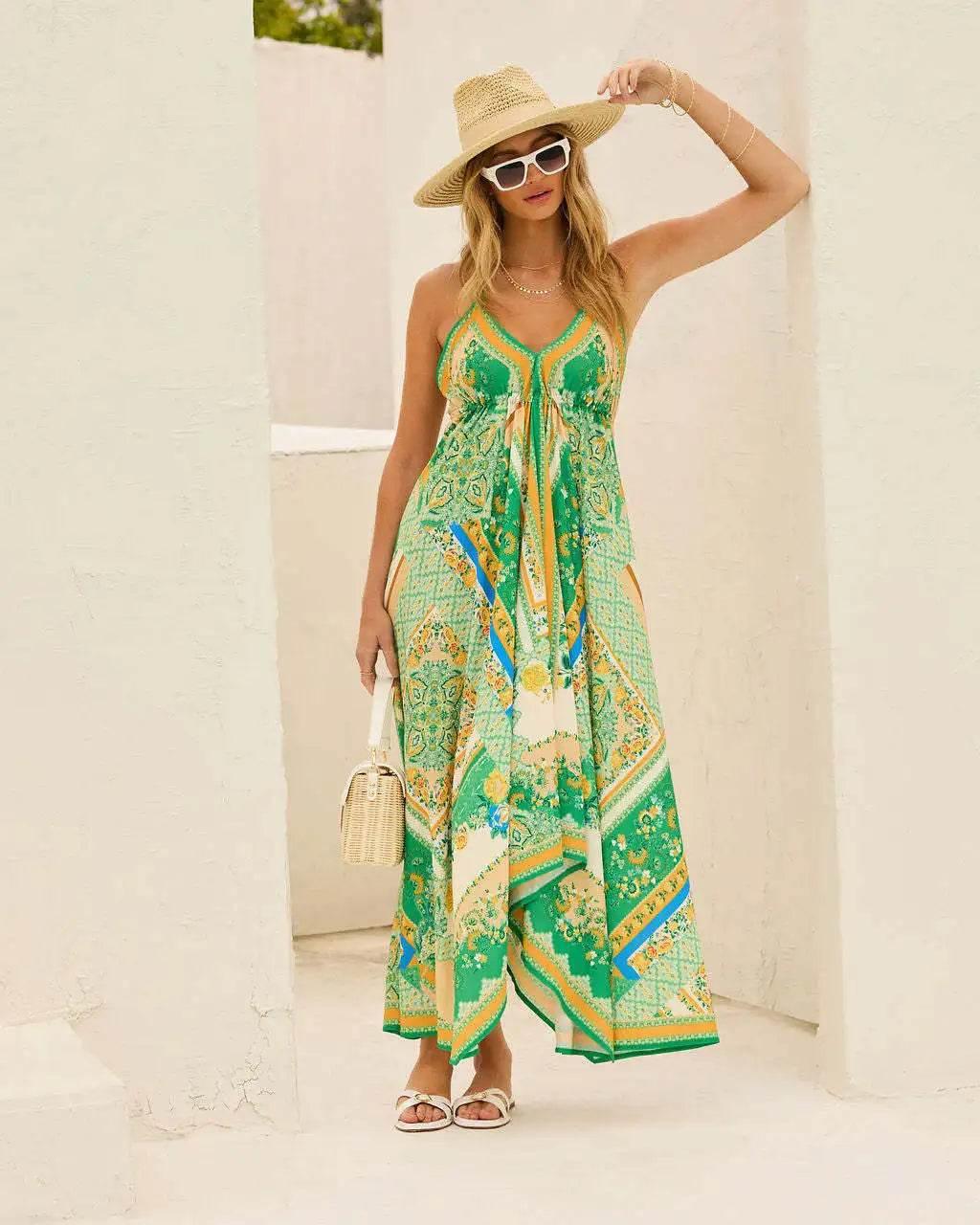 Women's Summer V-neck Halter Bohemian Floral Long Dress,Women Clothing,Red Dress,Sexy Dress Women,Sundress,Beach Dresses - Empire P.E