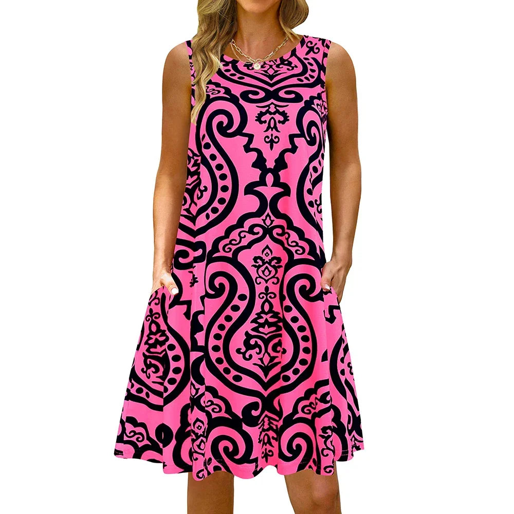 S-5Xl Colorful Printed O Neck Long Dress - Empire P.E