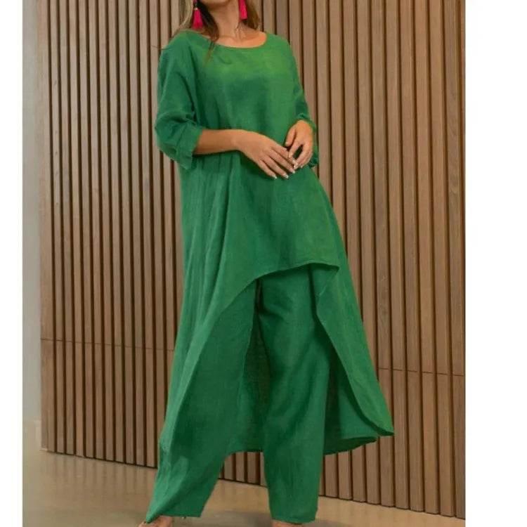 Women's Cotton Linen Long Pants Sets Fashion Solid Casual Irregular Tops Wide Leg Pant Suits Office Lady Two Piece Sets Clothes - Empire P.E