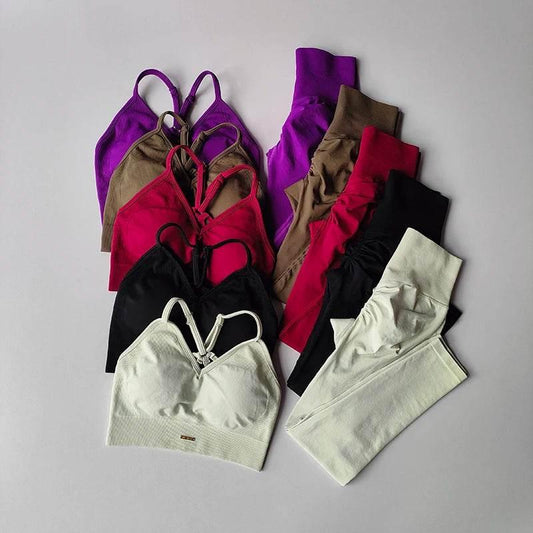 Seamless Hip Lifting Fitness Set Women's V-neck Bra Leggings Yoga Set Quick Drying Exercise Iron Massage High Fat Tight Pants - Empire P.E