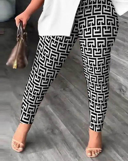Elegant Women Two Piece Set Suits New Fashion Printed Ruffle Sleeve Top Solid Color Pants Set With Belt Blouses Female Clothing - Empire P.E