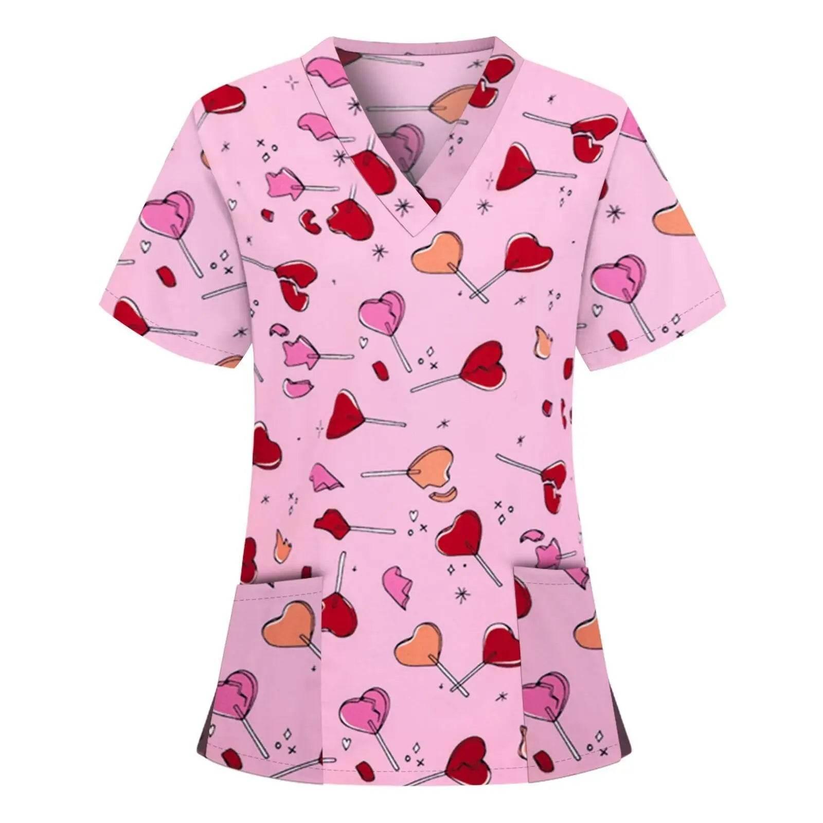 Women Working Uniform Animal Print Cartoon Cat Dog Short Sleeve V-neck Tops - Empire P.E