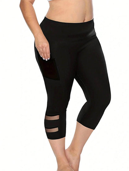 Plus Size Casual Leggings, Women's Plus Plain High Rise Contrast Mesh Capri Leggings - Empire P.E
