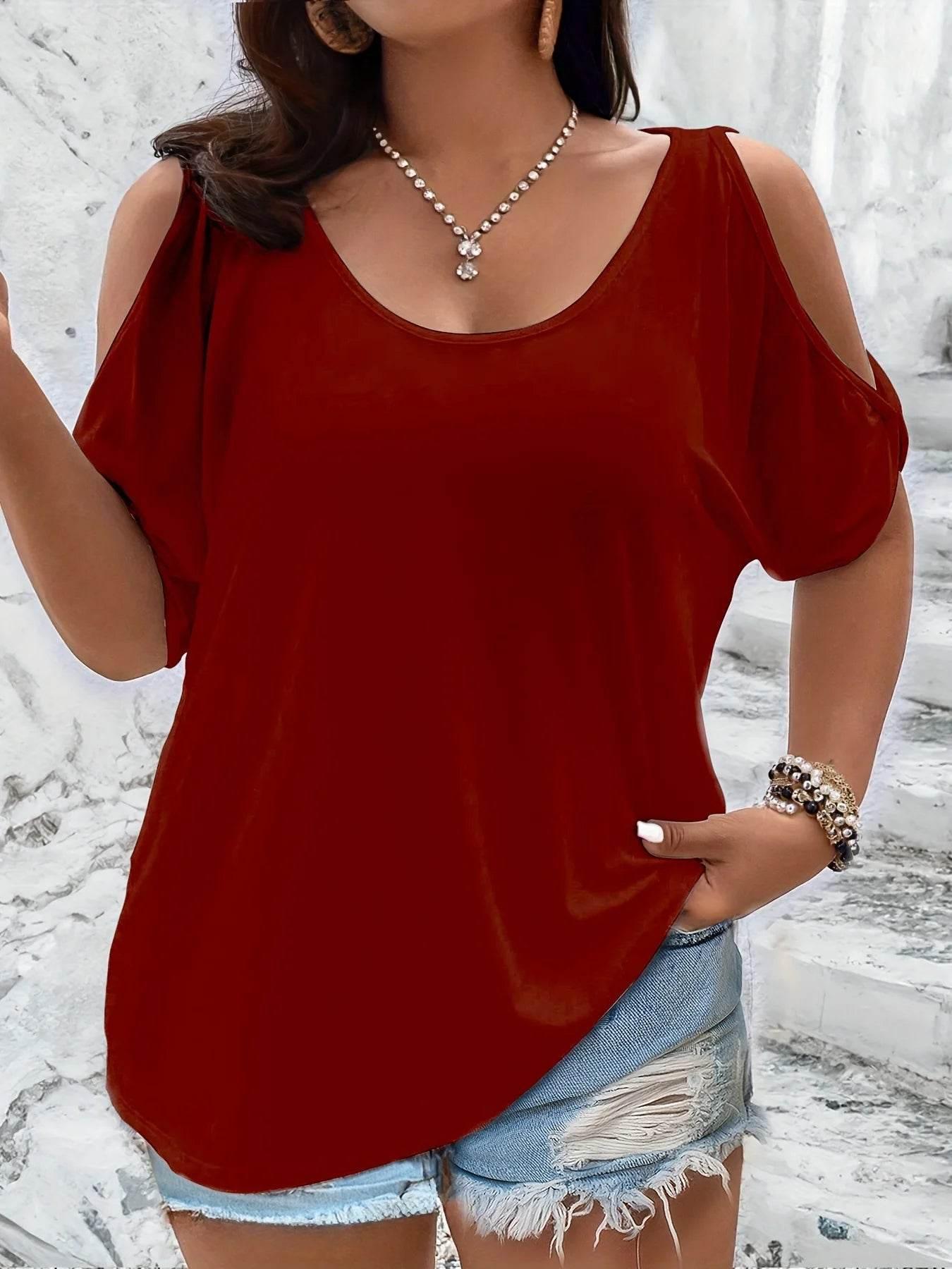 Plus Size Cold Shoulder T-Shirt for Women Casual Loose Fit Summer Top with Trendy Cutouts - Empire P.E