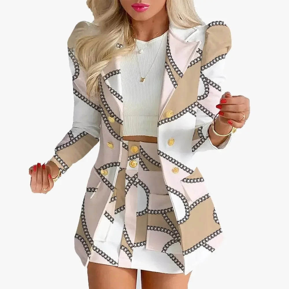 Women's Casual Floral Print Puff Sleeve Blazer Coat & Skirt Two Piece Suit - Empire P.E