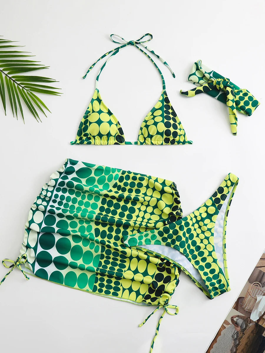 4 Pieces Random Dot Print Tie Side Halter Bikini Set & Beach Skirt