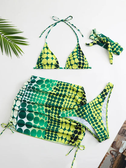 4 Pieces Random Dot Print Tie Side Halter Bikini Set & Beach Skirt