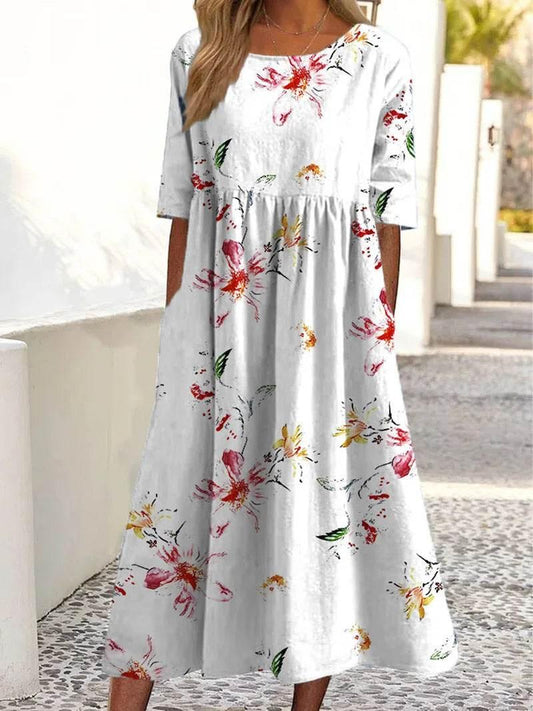 2024 women's fashion loose floral print round neck short sleeve pocket dress - Empire P.E