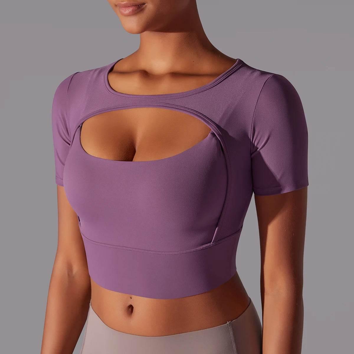 Solid Color Yoga Short Sleeve Sexy Double Layer Yoga Tank Top Spliced Mesh Yoga Clothing Top Fitness Running Sports Bra Women - Empire P.E