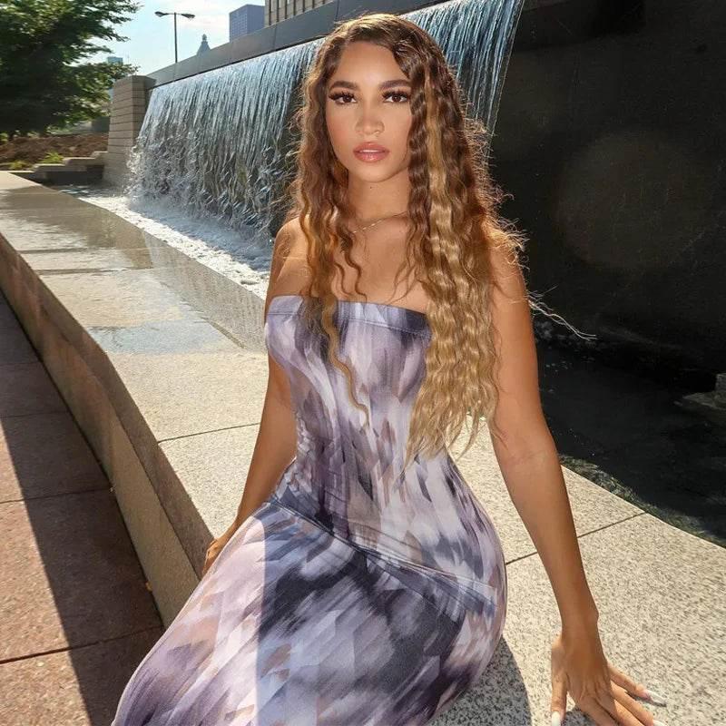 Spring And Summer Dresses For Women Chest Wrap Printed Off Shoulder Bandage Slim Sexy Long Dress 2023 New Fashion party MsChuh - Empire P.E