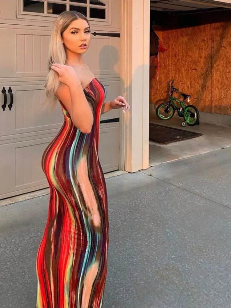 Spring And Summer Dresses For Women Chest Wrap Printed Off Shoulder Bandage Slim Sexy Long Dress 2023 New Fashion party MsChuh - Empire P.E