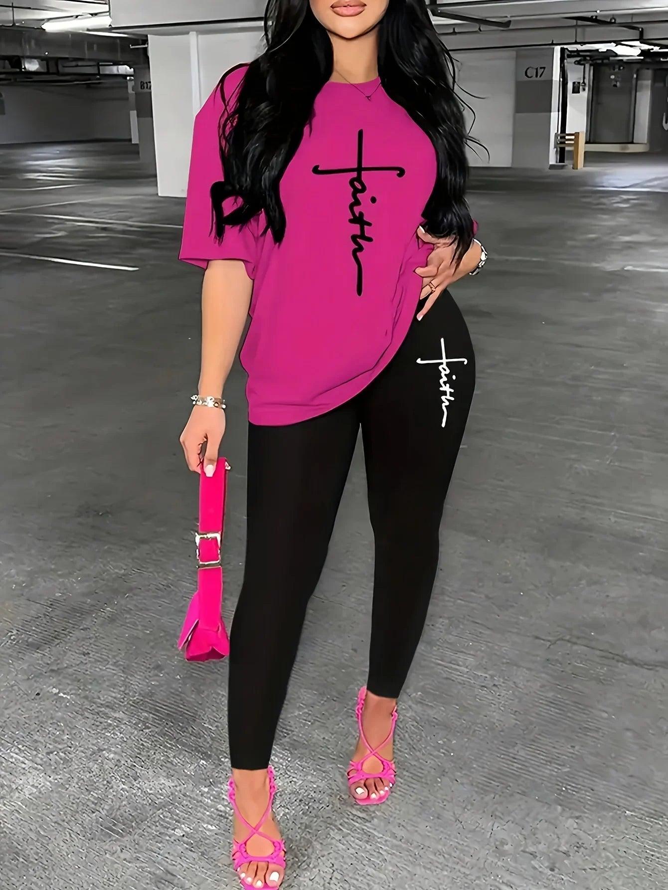 Women's Sports Outfit Set Plus Size Letter Print Black Short Sleeve T-shirt Top & Pants Fitness 2 Piece Set - Empire P.E