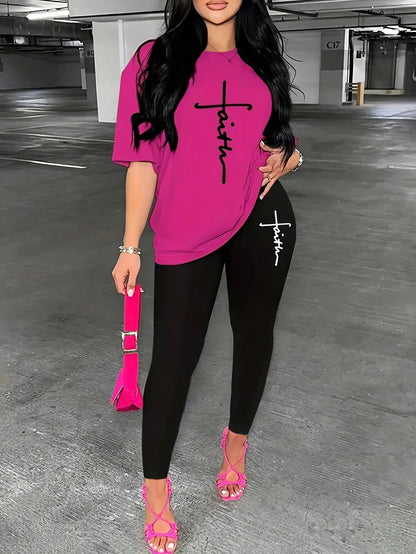 Women's Sports Outfit Set Plus Size Letter Print Black Short Sleeve T-shirt Top & Pants Fitness 2 Piece Set - Empire P.E