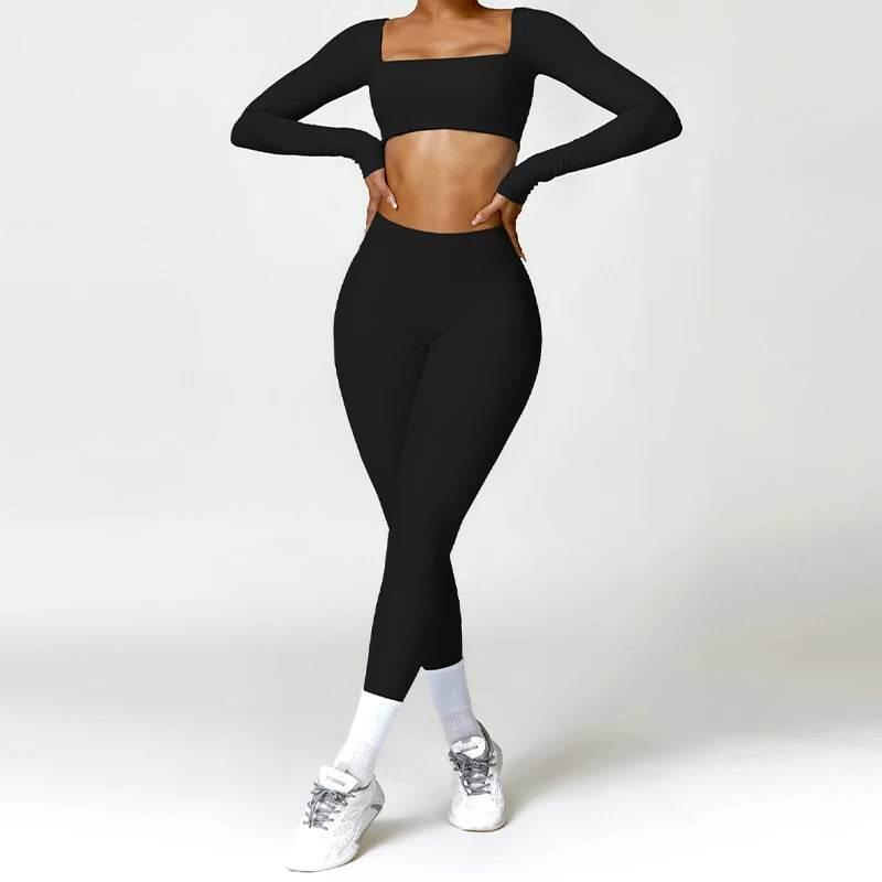 Hearuisavy 2PCS Long Sleeve Gym Set Women Yoga Clothes Quick-Drying Sportswear Running Leggings Workout Sports Crop Top Women - Empire P.E
