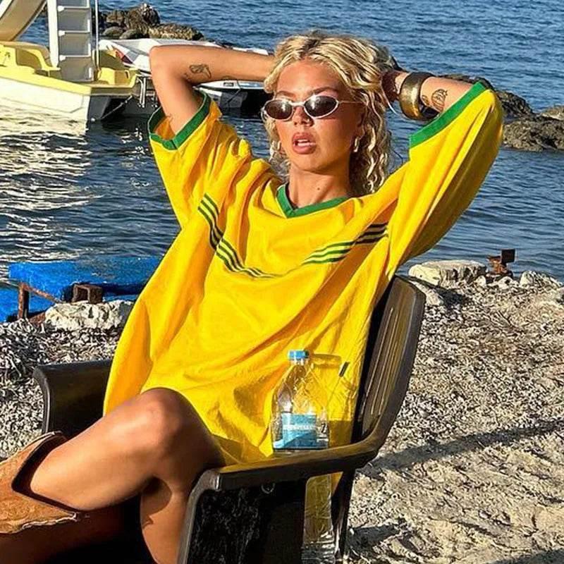 Brazil Embroidery Yellow Tshirt Casual Loose Medium And Long Sleeves Y2k Clothing Tops Oversized T-shirt Beach Summer Women Tees - Empire P.E