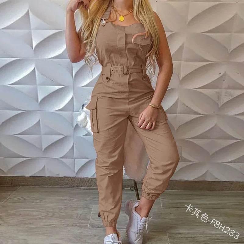 Autumn Women's Clothing Bodysuit Jumpsuit 2023 Simple Zipper Cargo High Waisted Conjoined Body Pants Sleeveless Strap Trousers - Empire P.E