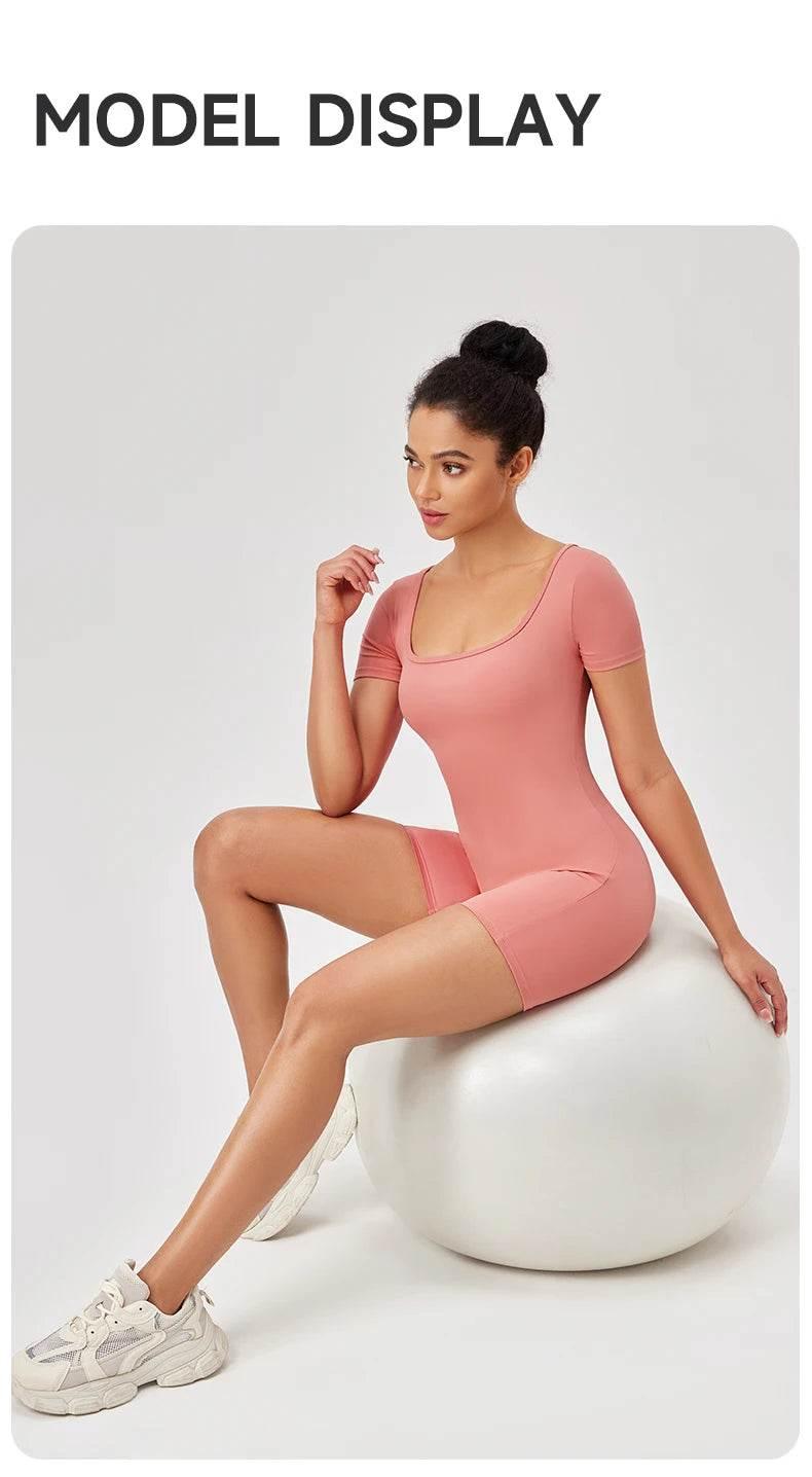 Fashion Women Yoga Suit Short Sleeve Gym Sports Jumpsuit Solid Color Workout Yoga Bodysuit Square Neck Yoga Set Sportswear - Empire P.E