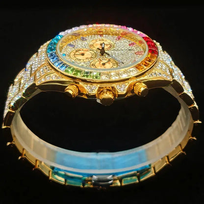 Men's Hip Hop Rainbow Diamond Shiny Jewelry Fashion Gold Watch
