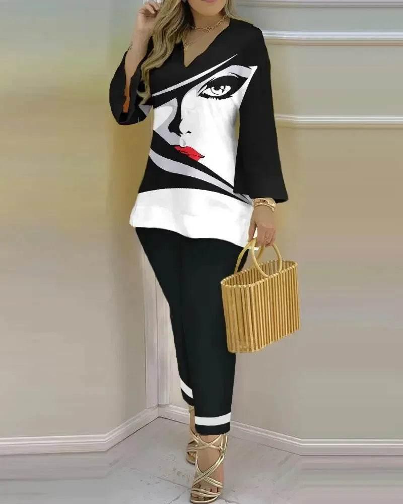 Women Print V Neck Tops Pant Sets Full Sleeve Pullover Two Piece Suit Elastic Waist Trousers Splice Shirts Autumn Regular Fit - Empire P.E