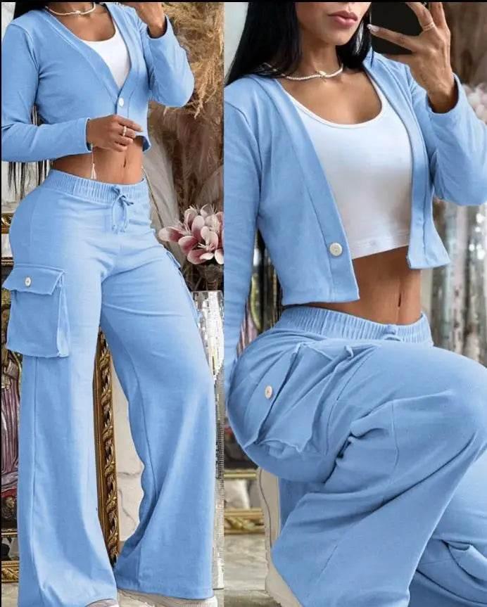 Spring Autumn Solid Slim Suit Women Long Sleeve Single Button V-neck Short Coat Drawstring Mid Waist Pocket Wide-Leg Pants Suit - Empire P.E