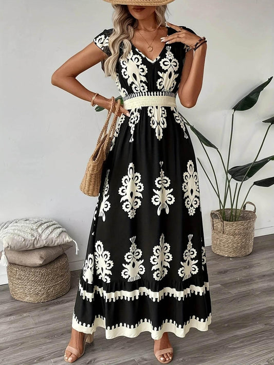 Plus Size Women Elegant V Neck Maxi Dress Geometric Pattern Short Sleeve Pleated Skirt Polyester Casual Outing - Empire P.E