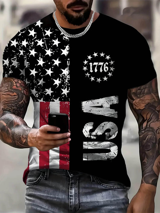 VintageT-Shirt For Men American Flag Graphic T Shirts 1776 Print Tees Short Sleeve T Shirts Outdoor Oversized Men's Clothing Top - Empire P.E