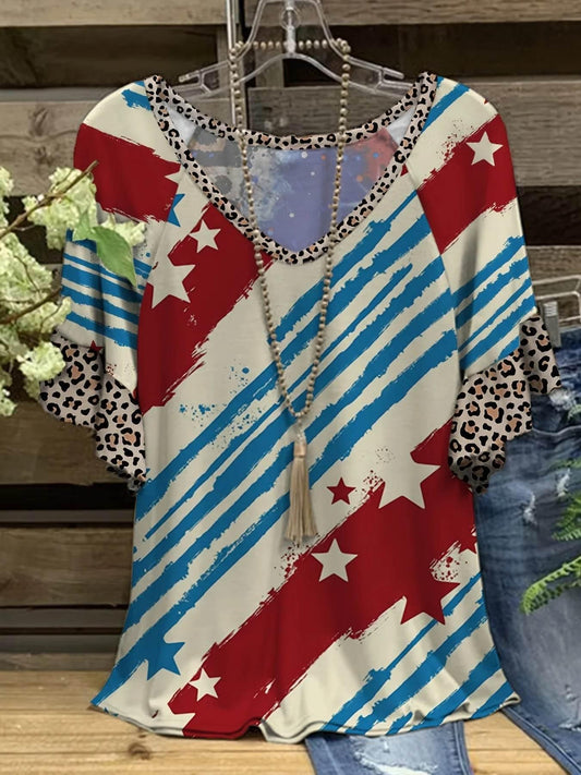 Plus Size Striped & Star Print T-Shirt, Casual V Neck Short Sleeve T-Shirt Women's Plus Size Clothing - Empire P.E